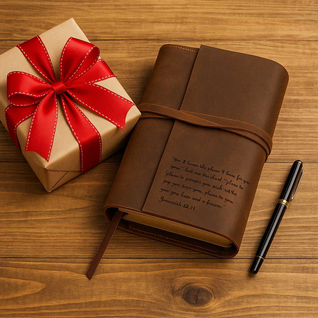 Brown genuine leather Bible cover with wrap-around strap and engraved Jeremiah 29:11 verse, placed beside a gift box wrapped with red ribbon and a fountain pen on a wooden surface.