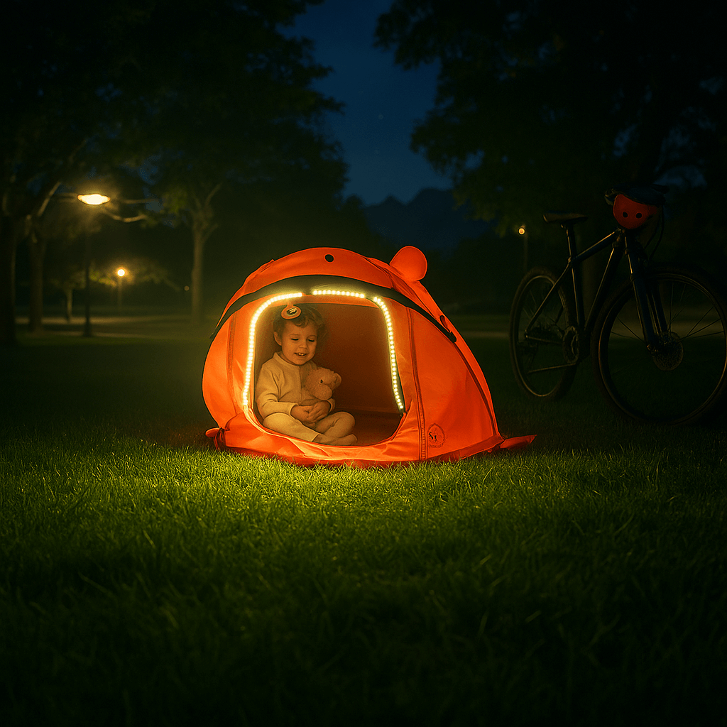 A small child sitting inside a tent illuminated by an LED light strip during nighttime camping