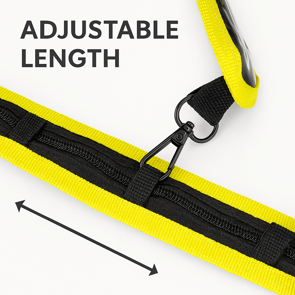 Close-up of an LED safety strip showing an adjustable strap and zipper for length customization.