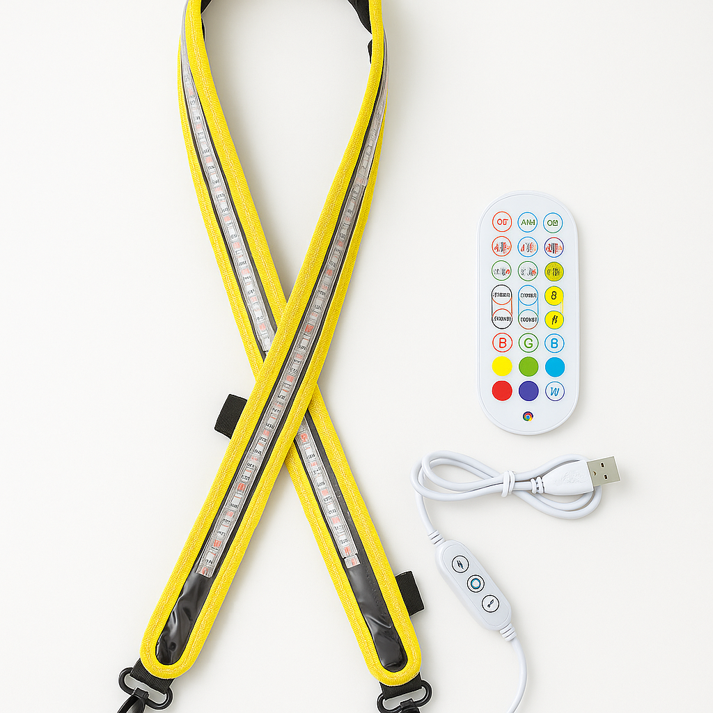 LED safety strip harness with remote control and USB cable, high visibility reflective design for outdoor use