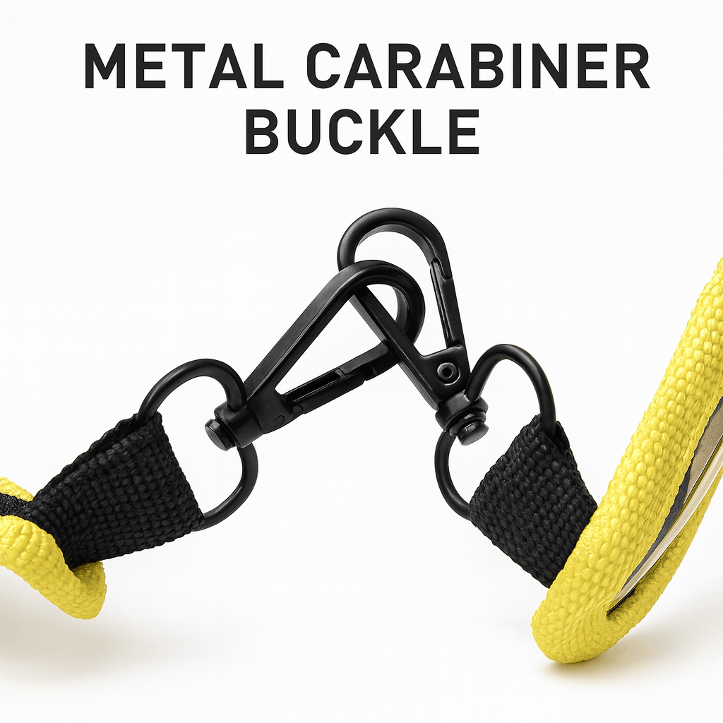 Close-up of the metal carabiner buckle on the LED safety strip harness