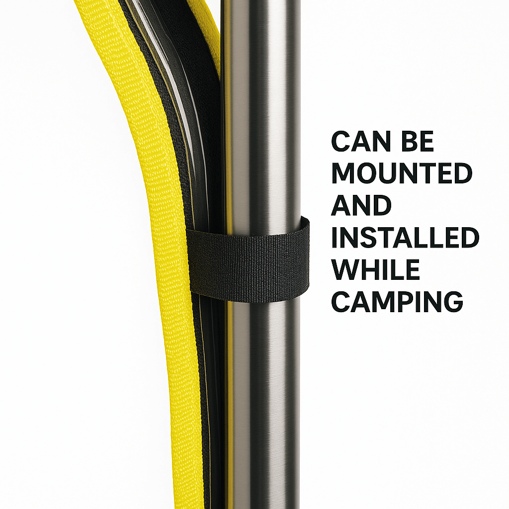 Close-up of an LED safety strip attached to a metal pole using a mounting strap for camping installation