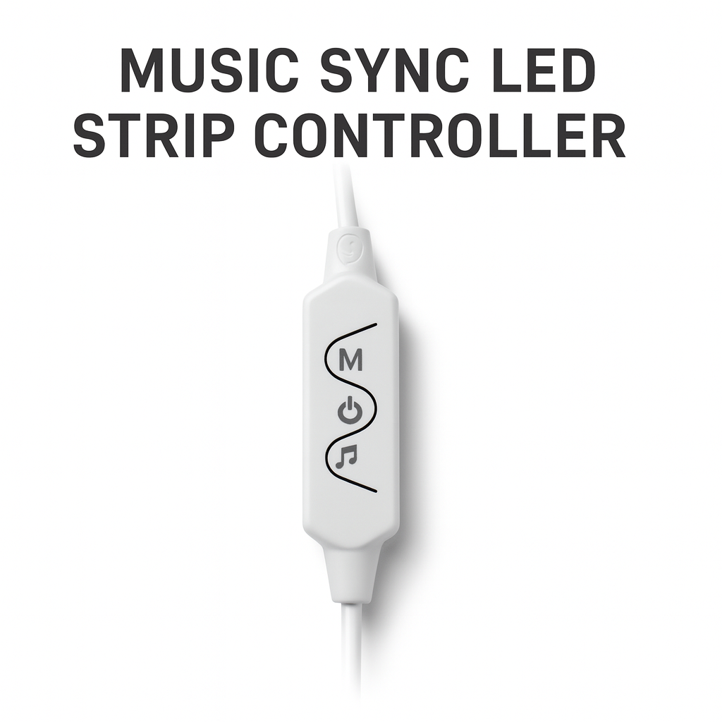 Close-up of the music sync controller for the LED safety strip, showing mode and power buttons
