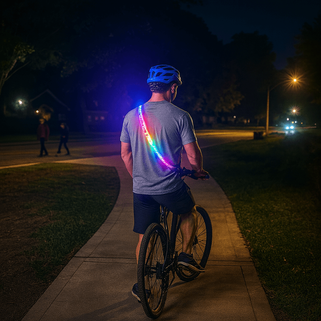 Cyclist wearing an LED safety strip harness for high visibility while riding at night on a park path