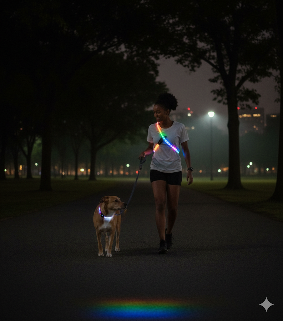 Person walking a dog at night while wearing an LED safety strip harness for high visibility.