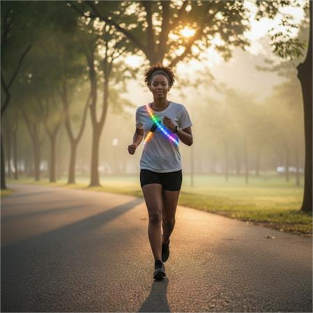 Runner wearing an LED safety strip harness for high visibility during a morning jog in the park