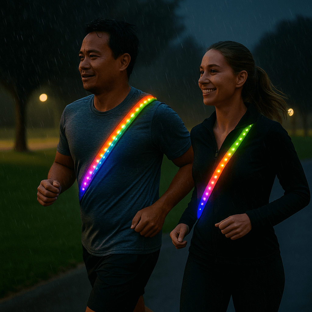 Two runners wearing LED safety strip harnesses for high visibility while jogging in the rain at night