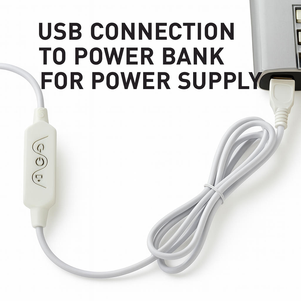 Close-up of the LED safety strip’s USB cable connected to a power bank for power supply