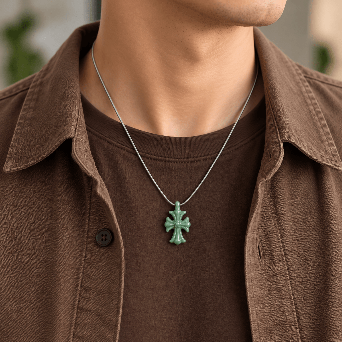 Natural Grade A Bean Green Jadeite Cross Pendant