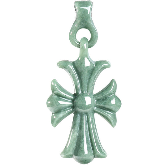 A polished light green jadeite cross pendant with a smooth, glossy finish and a matching bail at the top, shown against a plain white background.