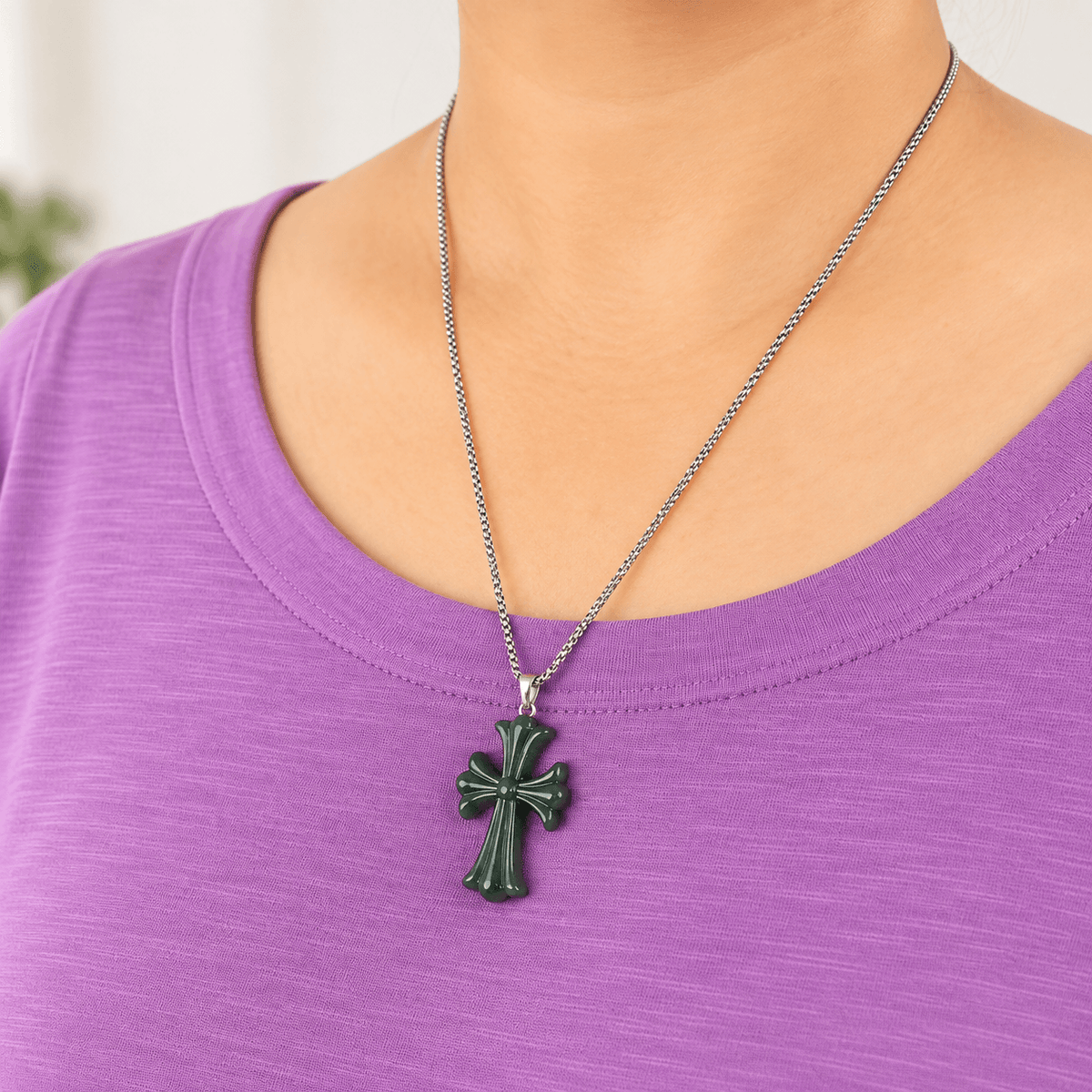 Natural Grade A Black Wuji Jadeite Cross Pendant - lifestyle photo