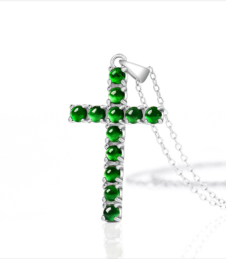 Natural Grade A Jadeite Cross Pendant with S925 Sterling Silver Setting