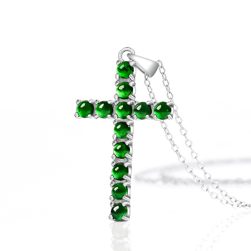 Natural Grade A Jadeite Cross Pendant with S925 Sterling Silver Setting