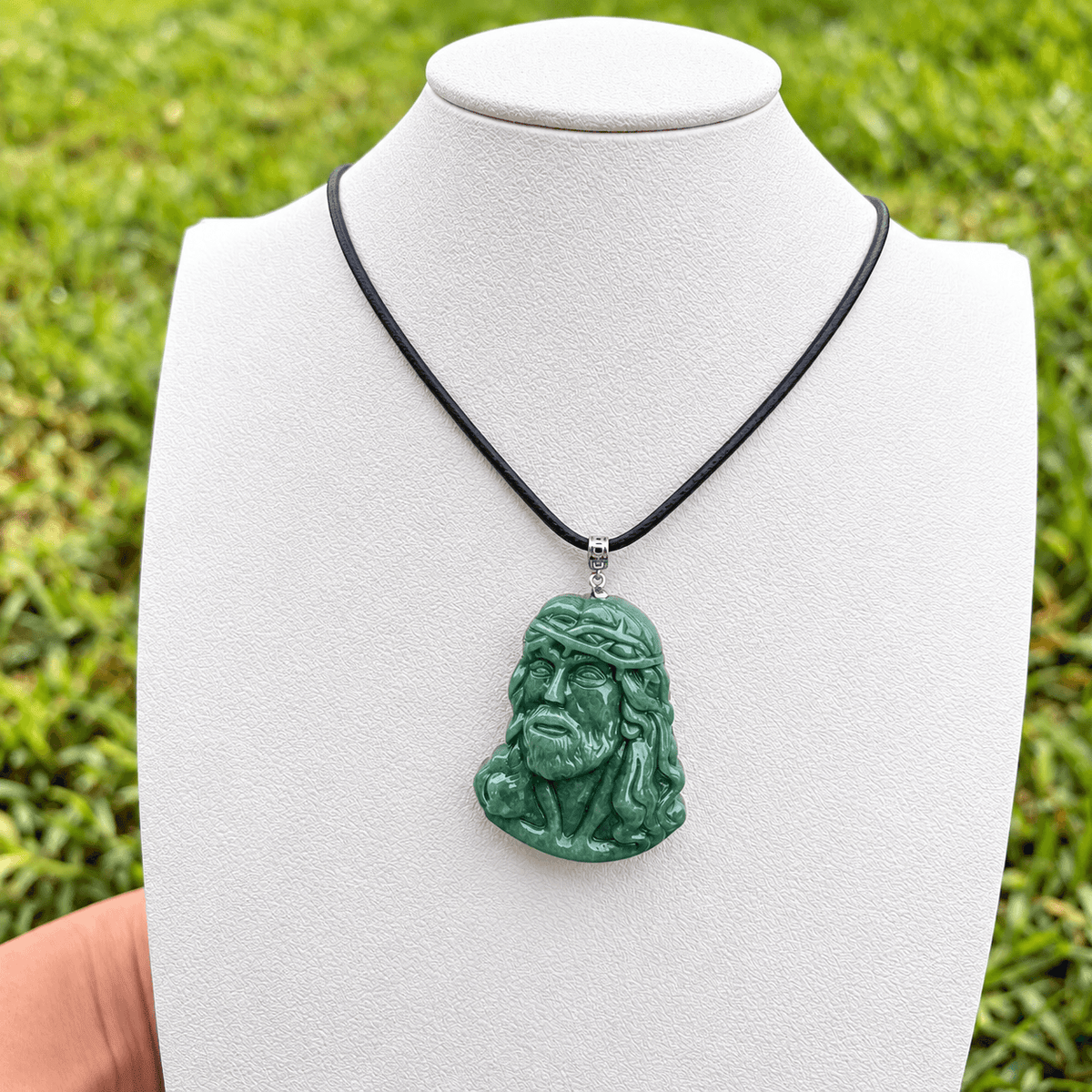 Natural Grade A Bean Green Jadeite Jesus Pendant