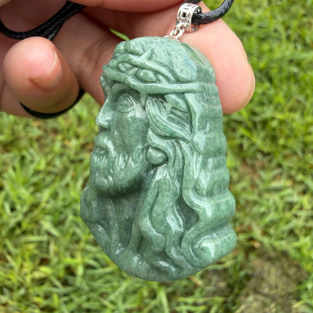 Natural Grade A Bean Green Jadeite Jesus Pendant