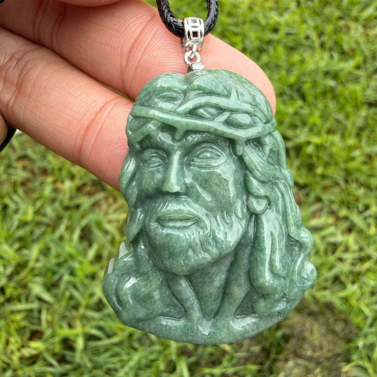 Natural Grade A Bean Green Jadeite Jesus Pendant