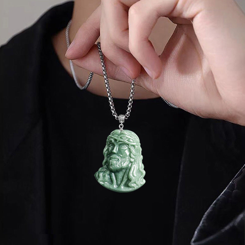 Natural Grade A Bean Green Jadeite Jesus Pendant