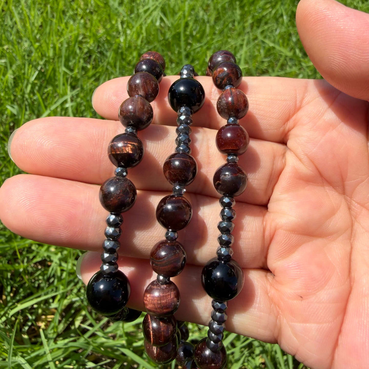 Natural Red Tiger  Eye Rosary Necklace with Hematite Cross