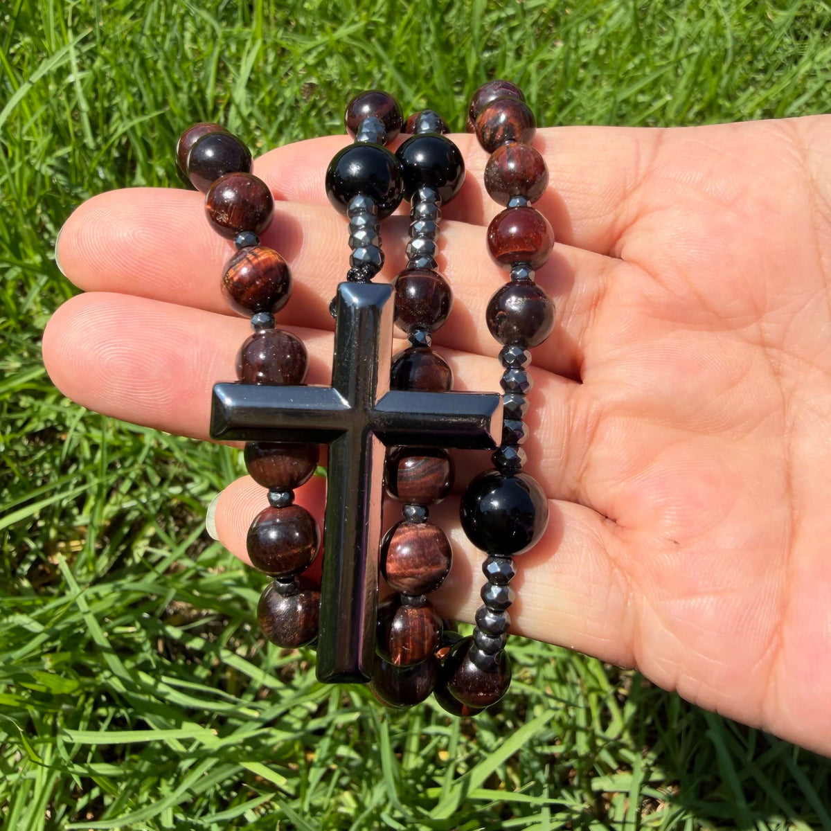 Natural Red Tiger  Eye Rosary Necklace with Hematite Cross