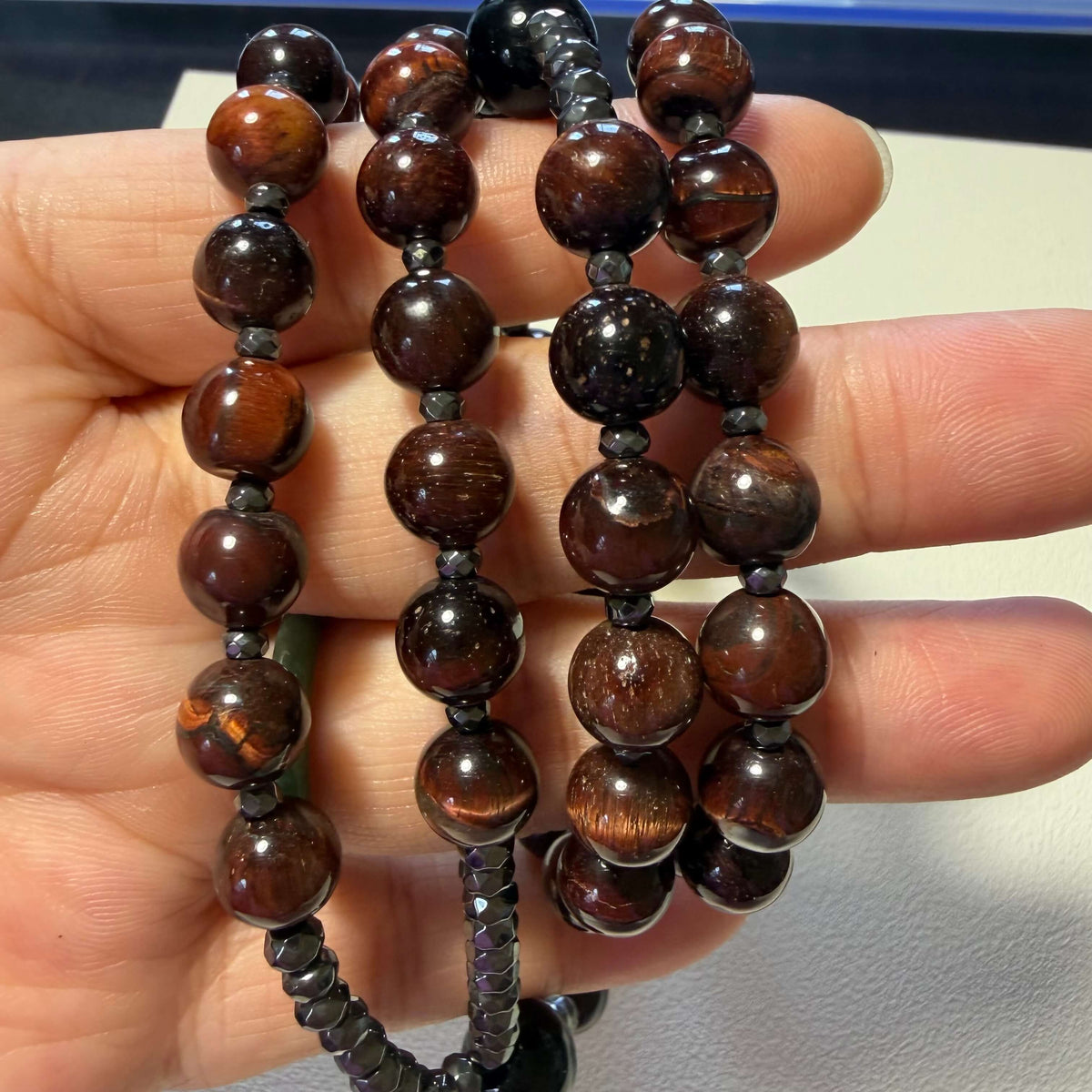 Natural Red Tiger  Eye Rosary Necklace with Hematite Cross