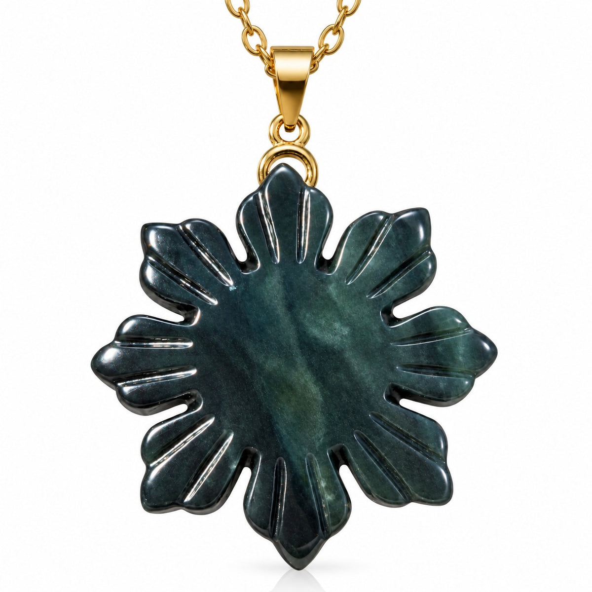 Natural untreated Wuji jadeite Filipino Sunflower pendant with gold-tone chain on a white background
