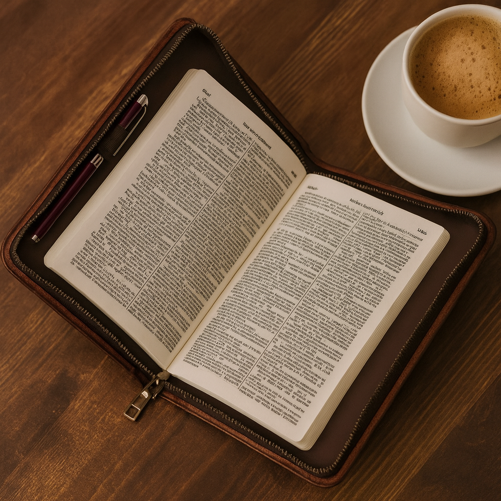 Open genuine leather Bible cover with zipper and pen beside a cup of coffee on a wooden table — warm morning light and peaceful Christian atmosphere.