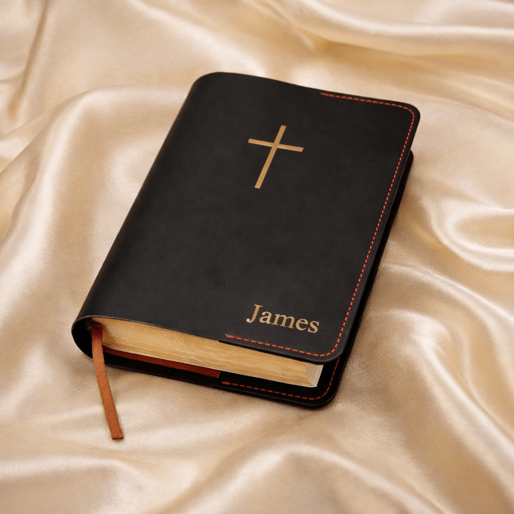 Personalized Leather Bible Cover with Cross & Pen Holder – Custom Name Engraved