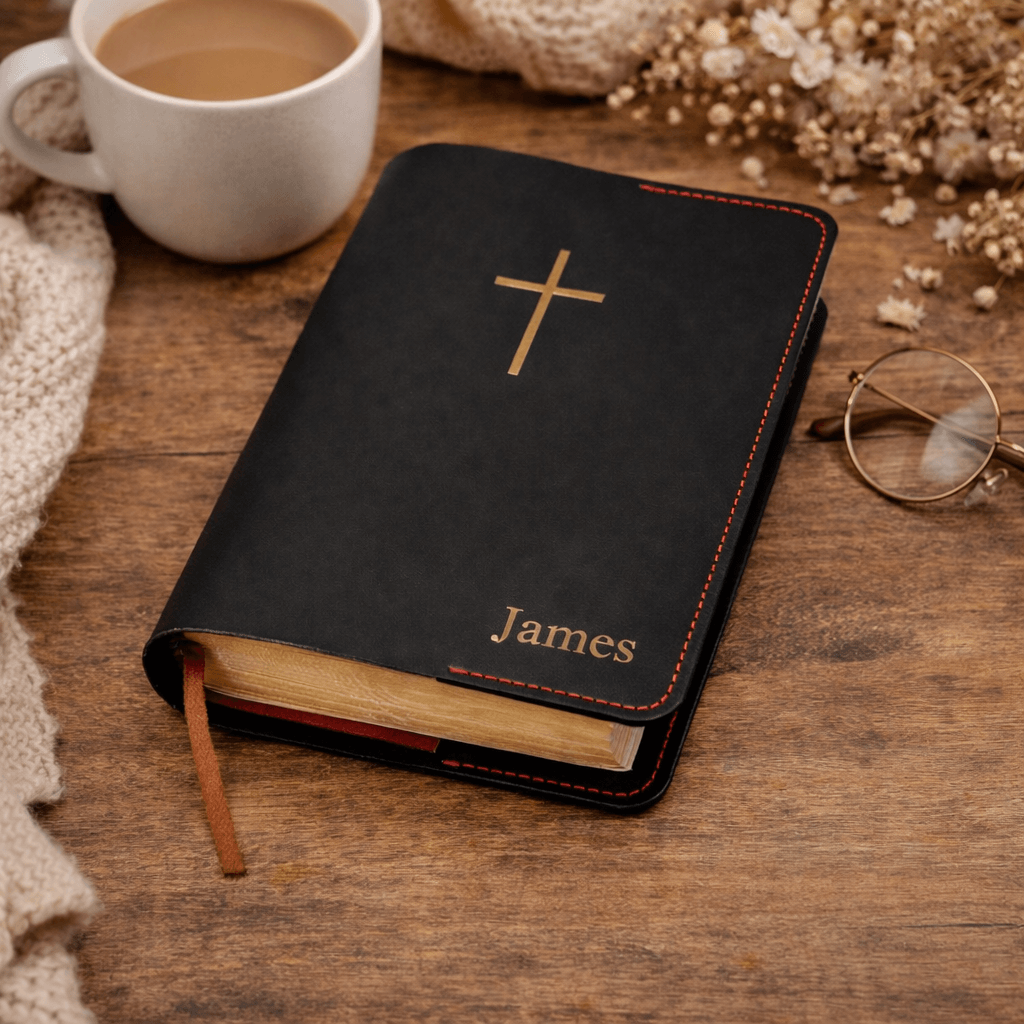 Personalized Leather Bible Cover with Cross & Pen Holder – Custom Name Engraved