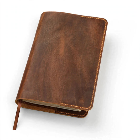 Personalized full grain leather Bible cover on white background