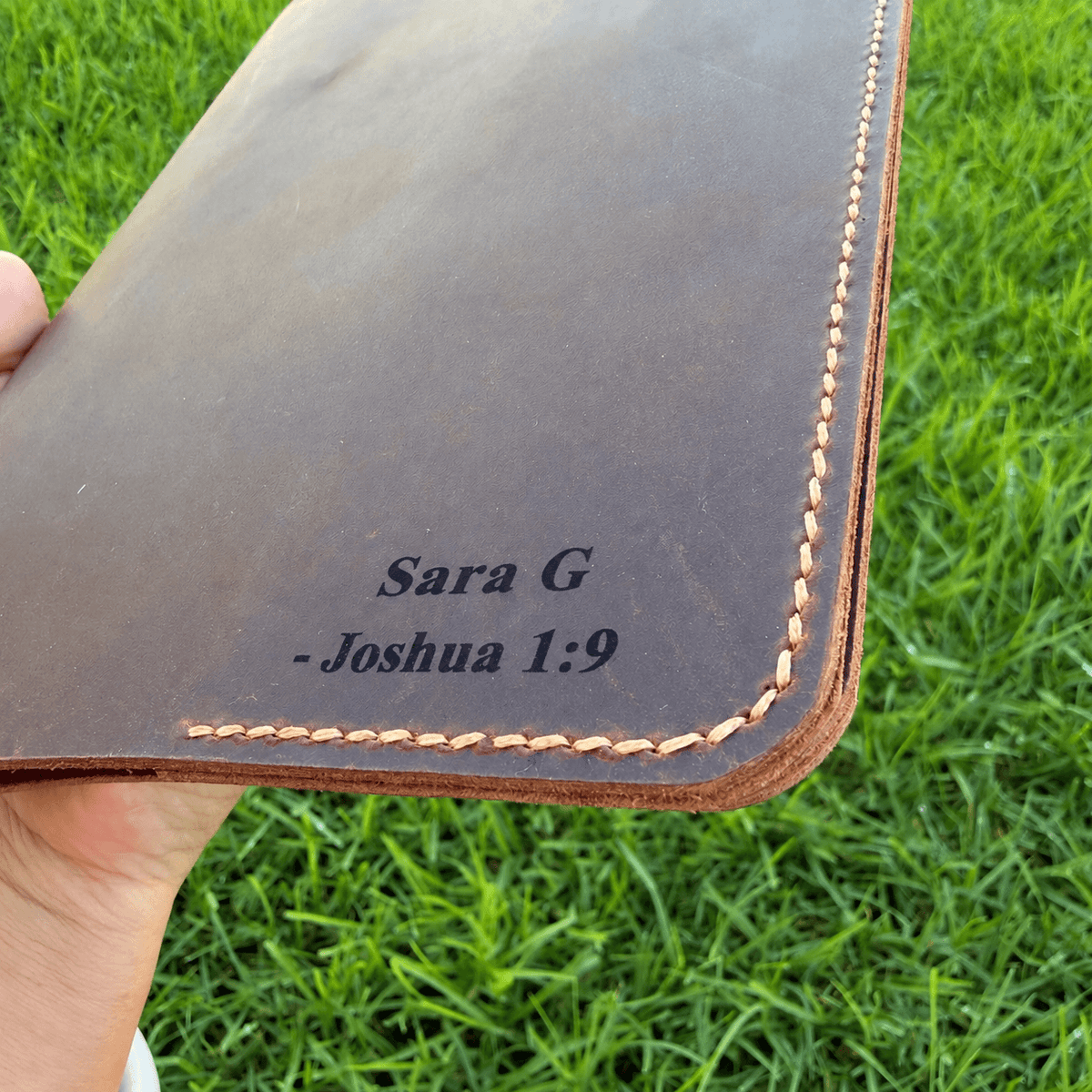Custom leather Bible cover with engraved personalization