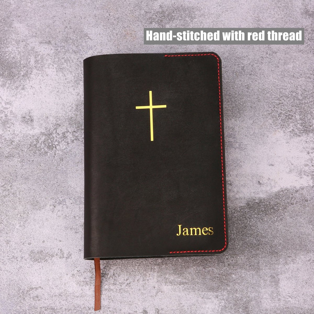 Personalized Leather Bible Cover with Cross & Pen Holder – Custom Name Engraved