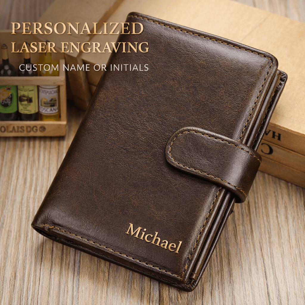 Brown leather wallet with 'Michael' engraving on a wooden surface