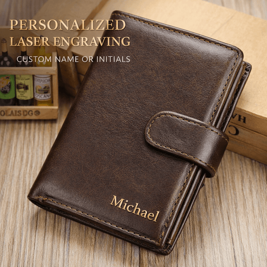 Brown leather wallet with 'Michael' engraving on a wooden surface