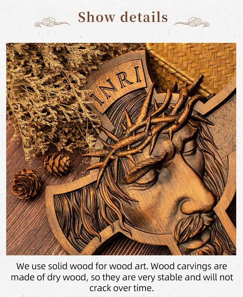 Solid wood Jesus crucifix with detailed carving and natural wood grain