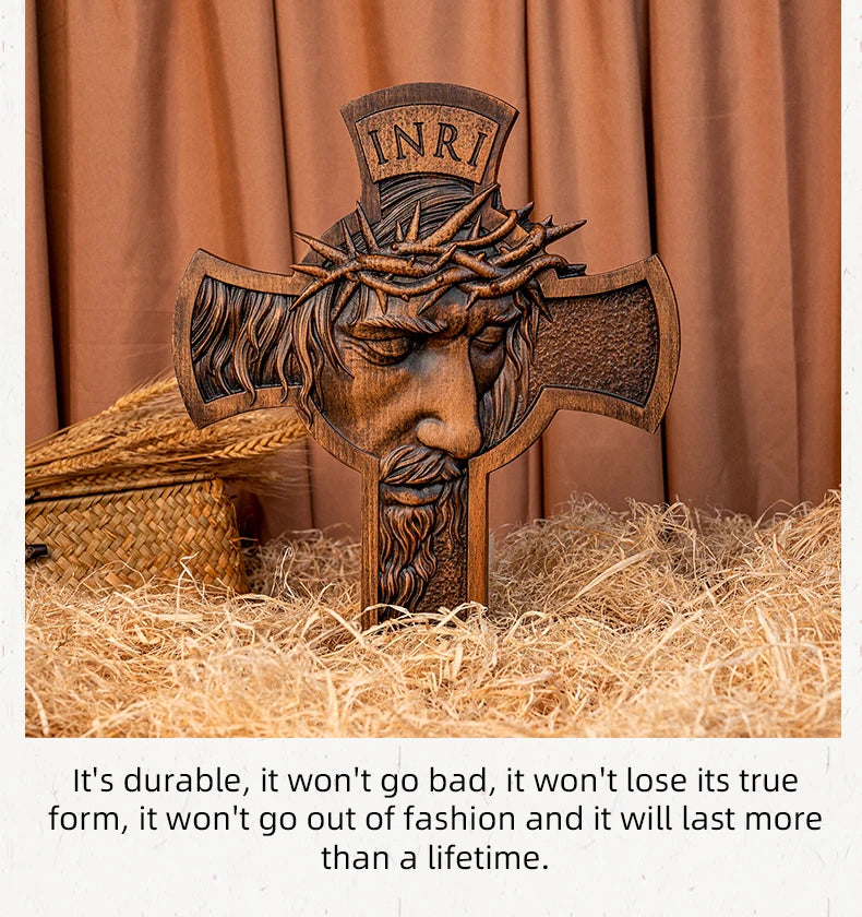 Solid wood Jesus crucifix with detailed carving displayed in a warm home setting