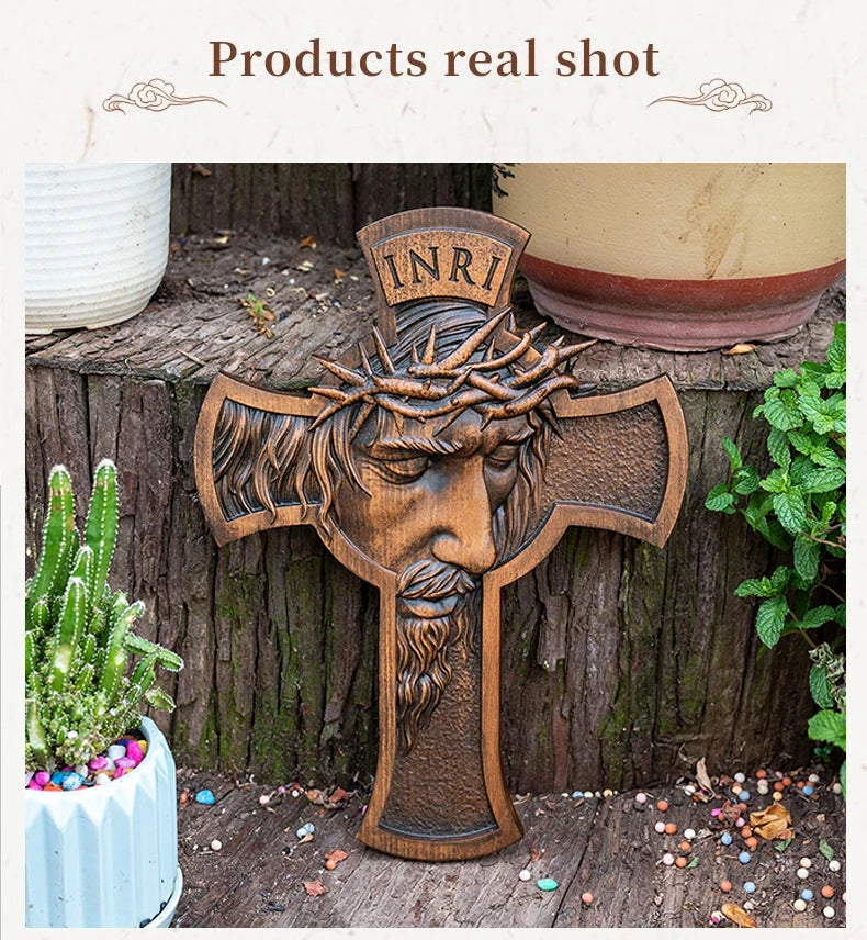 Solid wood Jesus crucifix with detailed carving shown outdoors in natural light