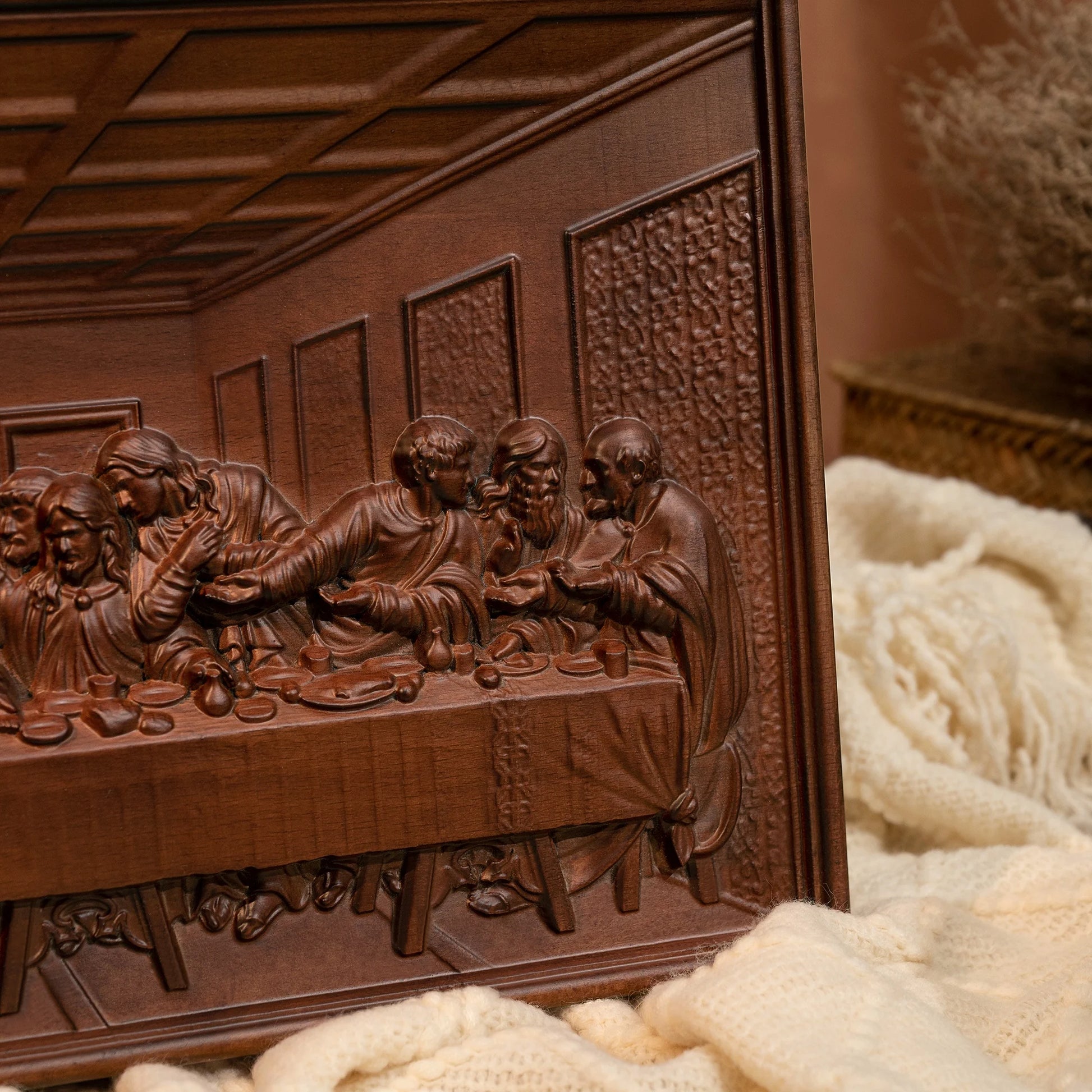 Detailed carving of Jesus and the disciples on a beech wood Last Supper plaque