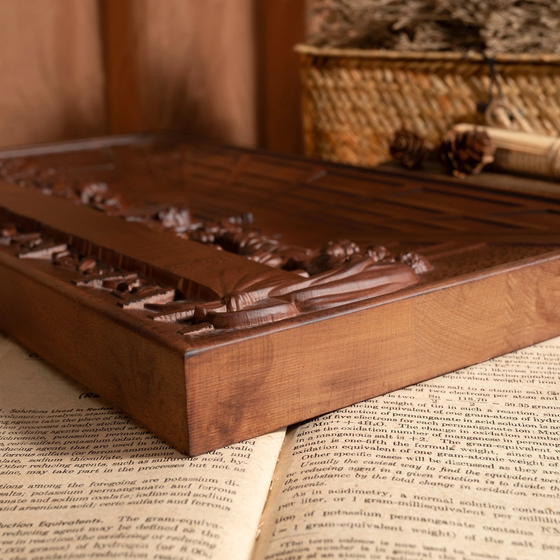Side view of a thick carved beech wood Last Supper plaque showing the detailed relief carving