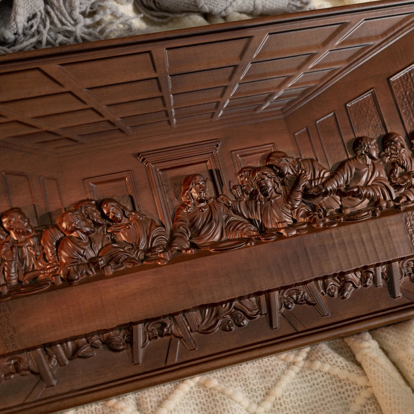 Detailed beech wood relief carving of Jesus and the Twelve Apostles at the Last Supper