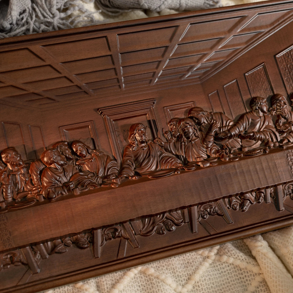 Detailed beech wood relief carving of Jesus and the Twelve Apostles at the Last Supper