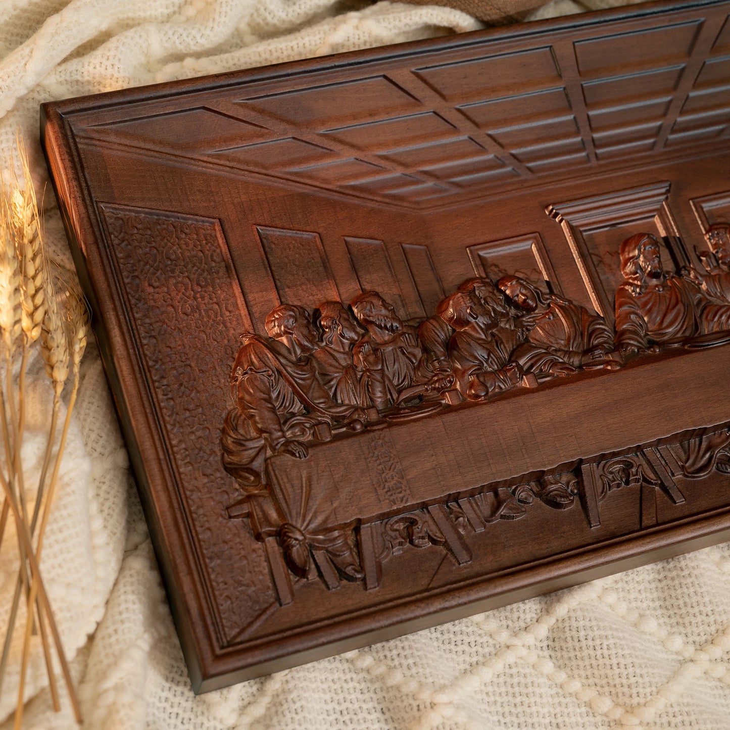 The Last Supper carved beech wood relief wall plaque with Jesus and the Twelve Apostles