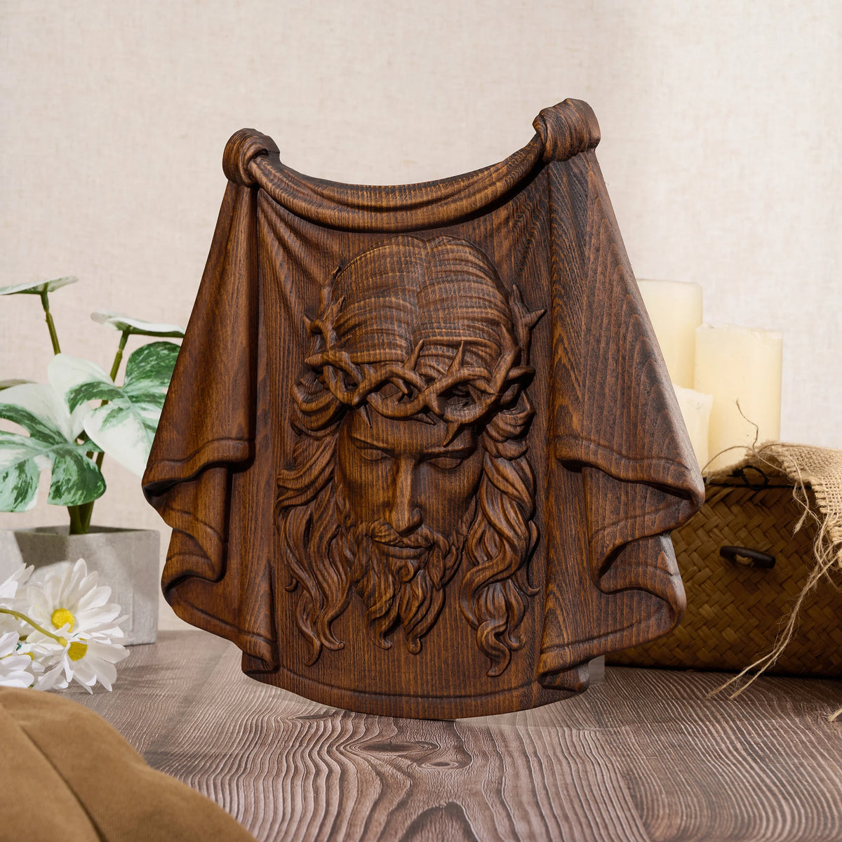 Dark vintage solid wood Jesus relief carving with crown of thorns and detailed robe folds