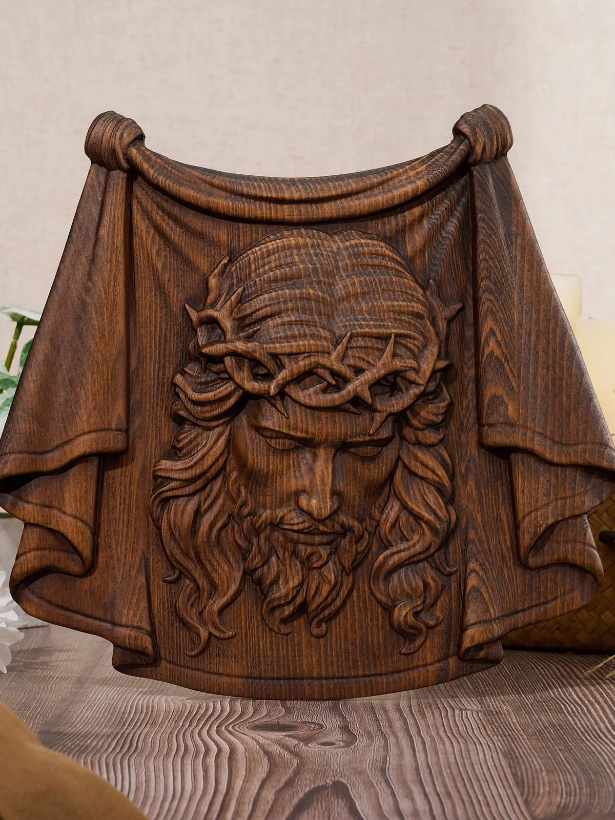 Vintage solid wood Jesus relief carving with crown of thorns and detailed robe folds