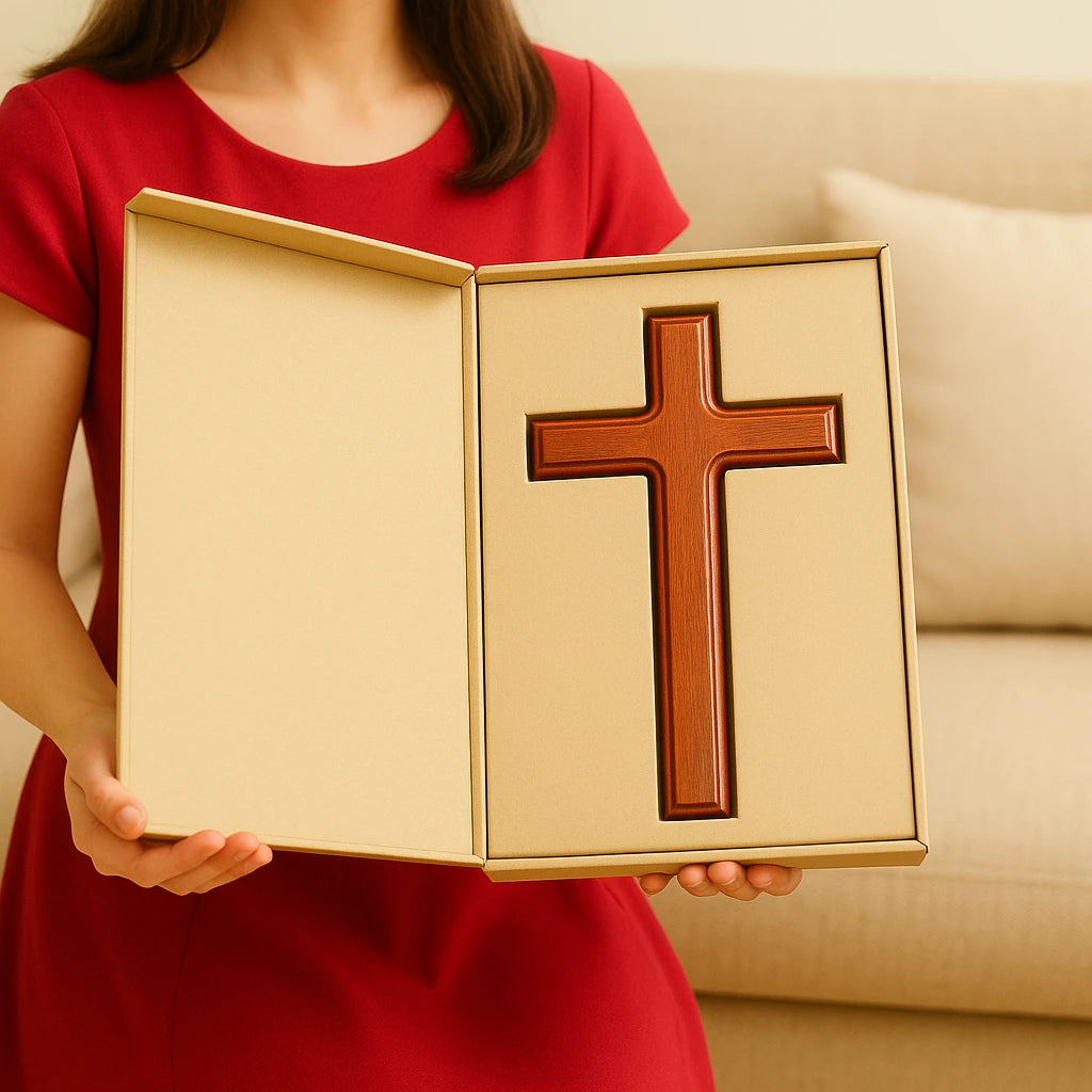 Woman holding a Christian cross gift box, symbolizing faith and love, perfect for Christian home decor or gift giving.