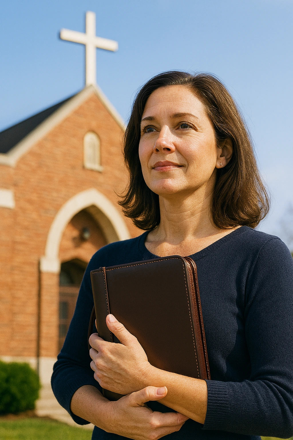 Woman holding a genuine leather Bible cover with handle and zipper outside a church — Light of Christ Shop Christian gift.