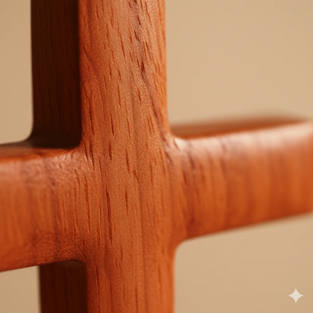 Close-up of a wooden cross with warm natural light, showing fine craftsmanship and smooth wood texture.