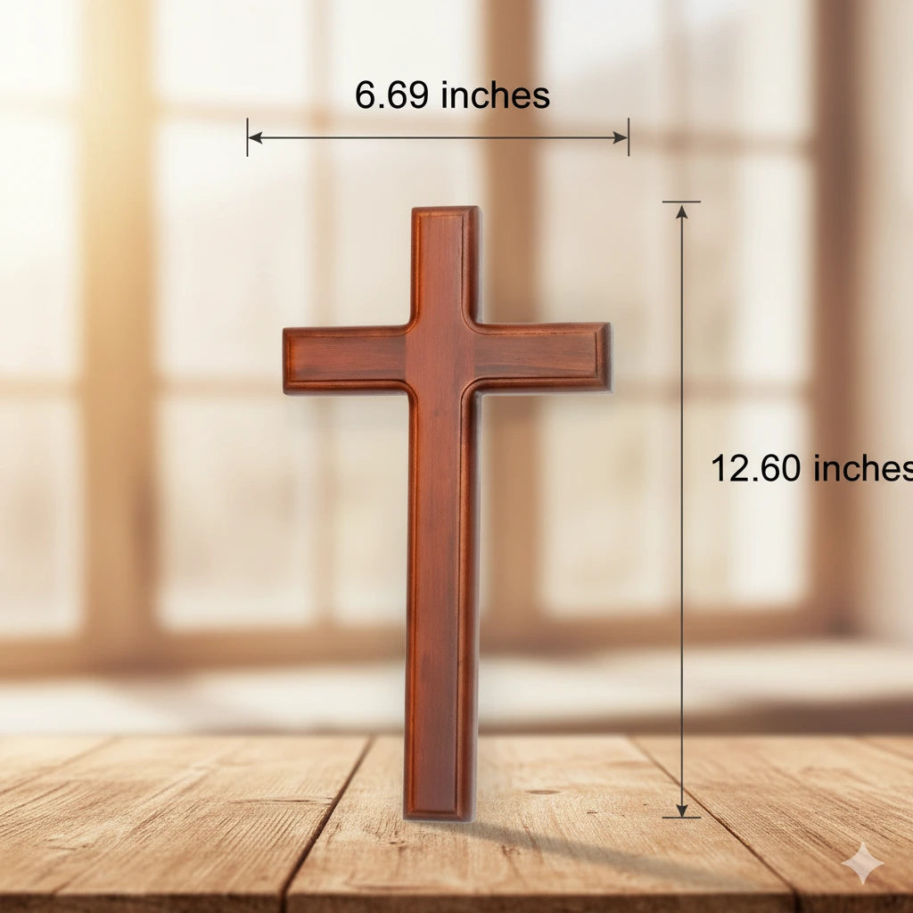 Wooden cross product with precise measurements shown, highlighting professional craftsmanship and quality detail.