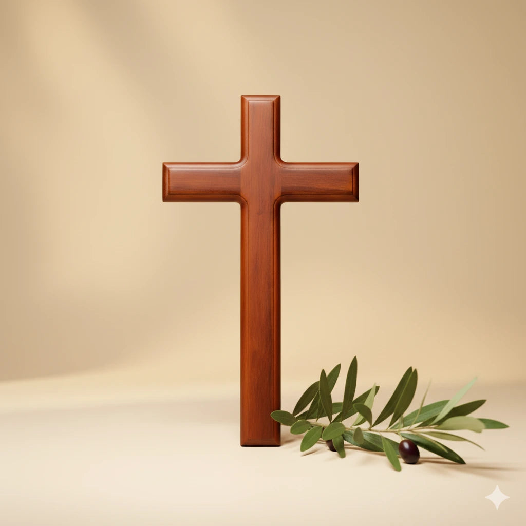 Simple wooden cross with olive branch on table, representing peace and hope in Christian faith.