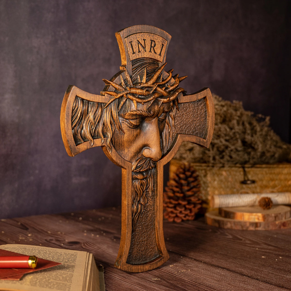 Wooden Jesus crucifix wall cross with detailed carving, crown of thorns, and INRI inscription