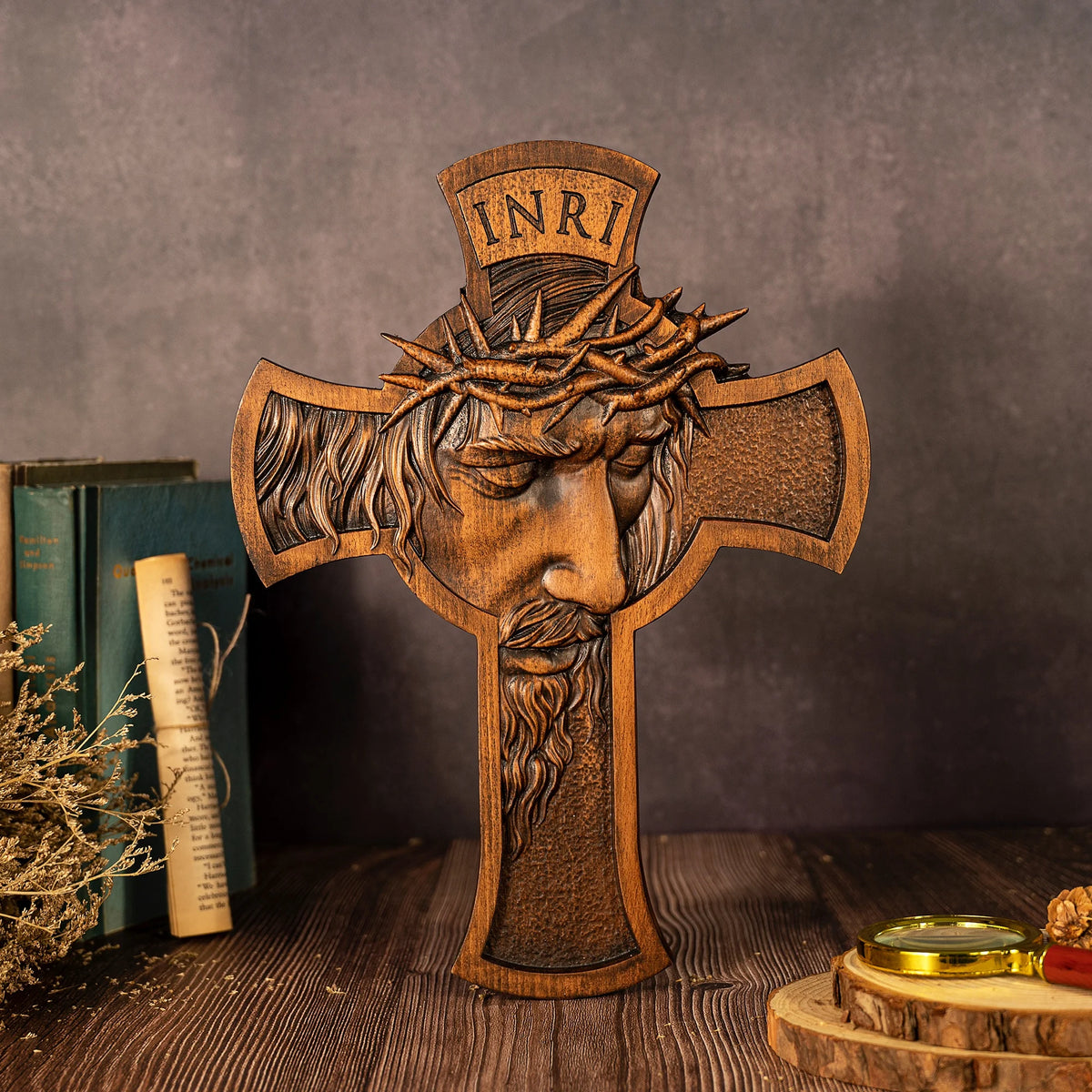 Wooden Jesus crucifix wall cross with detailed carving and crown of thorns